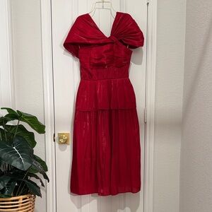 Chic Red Midi Dress with Unique Shoulder Design